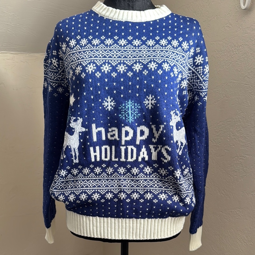 Blue Holiday Sweater with Reindeer Design